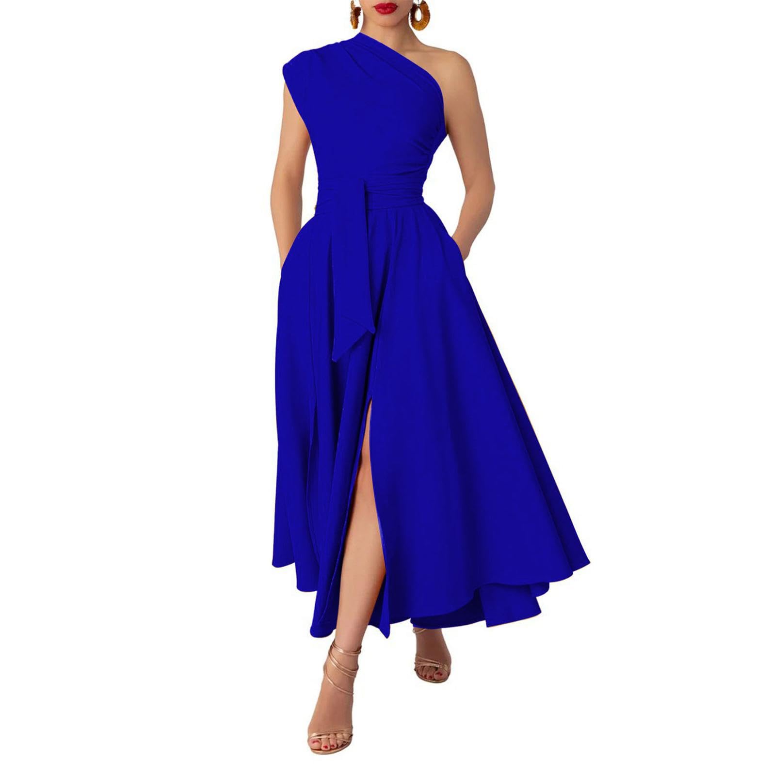 Womens Summer Sleeveless Maxi Dress One Shoulder Casual Flowy Swing Split Dresses with Belt