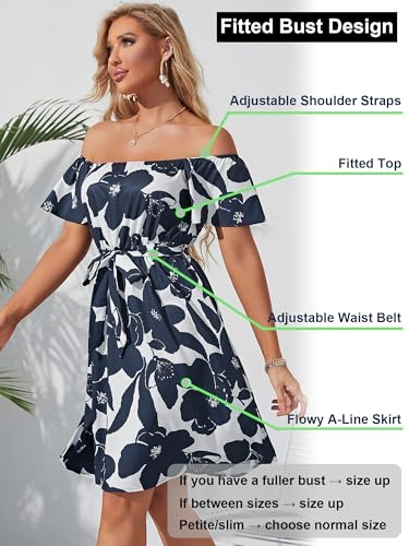 Image of Off Shoulder Ruffle Dress for Women, A-Line Mini Dress with Belt, Fitted Bust Summer Wedding Guest Dress