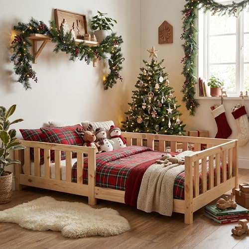 ecomi® Letto a terra per bambini 90 x 200 cm / 80 x 160 cm, in pino massiccio, con protezione anti-caduta e rete a doghe, letto Montessori in bianco/naturale, per maschietti e femminucce