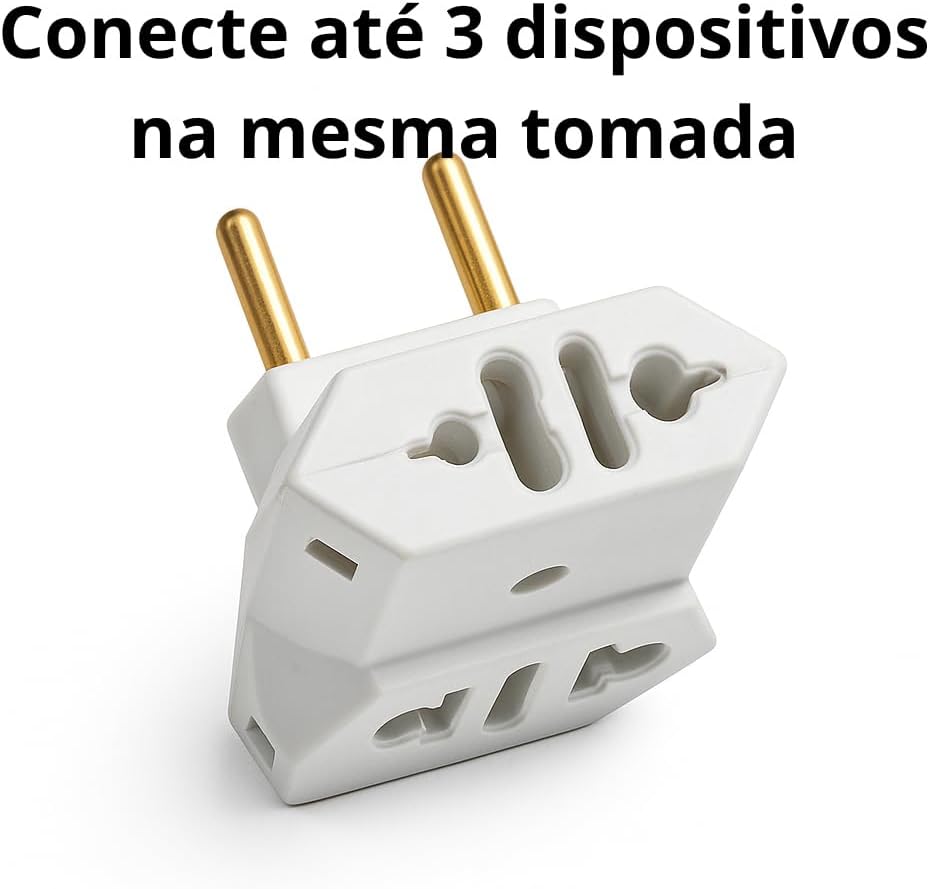 Kit com 2 unidades: Adaptador Benjamin Tipo T 3 Entradas – Bivolt 110V/220V, Suporta até 10A, Compatível com Plugue Redondo e Chato, Compacto e Prático