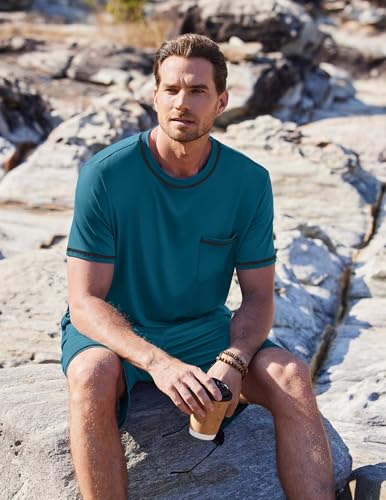 Image of Ekouaer Men's Pajamas Set Casual Short Sleeve Shirts and Shorts Soft 2 Piece Loungewear With Pockets