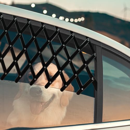 Fudajo Hundeschutzgitter für Autofenster 17,7 x 24 cm, ausziehbares Lüftungsgitter, Frischluftgitter für Haustiere, Fenstergitter schwarz, Gitter für Autos