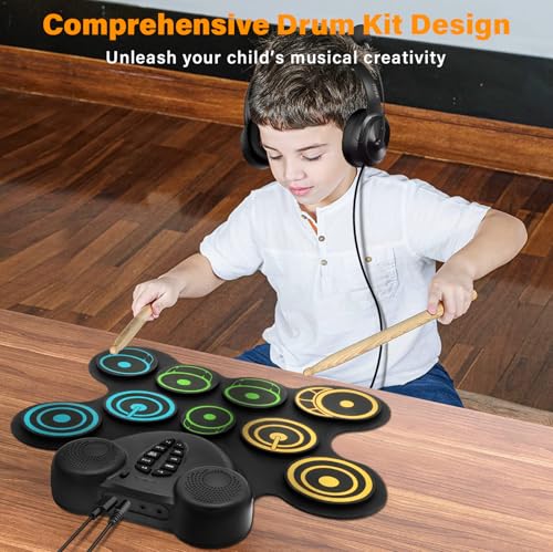 Image of Portable Electronic Drum Pad Set for Kids - 10 Pads Roll up Drum Practice Pad with Pedals & Stick, Headphone, Musical Instruments for Kids Age 6-9, Great Holiday Christmas & Birthday Gift