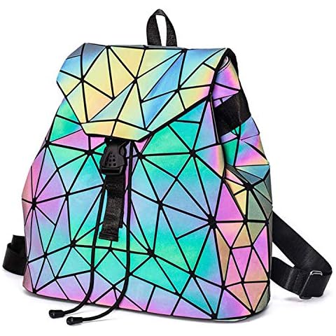 Parnerme Geometric Women's Fashion Backpacks Ladies Fashion PU Leather Backpack Holographic Reflective Backpack Girls Ladies Cover
