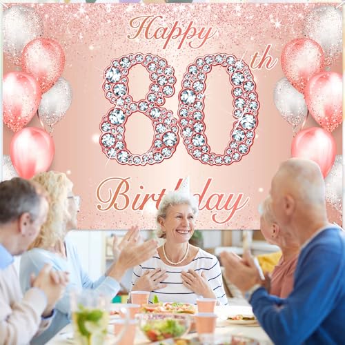 Image of Happy 80th Birthday Rose Gold Banner Cheers to 80 Years Old Backdrop Confetti Balloons Theme Decor for Women 80 Years Old Pink Birthday Party Decorations Bday Supplies Background Favors Gift Glitter