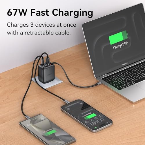 Image of Mcdodo USB C Charger 35W Fast Charger GaN with Built-in Retractable Cable 3 in 1 (3 Ports), Compatible with iPhone 17 Pro Max /16 /15, MacBook, Galaxy S25 /S24 Ultra, iPad, Switch