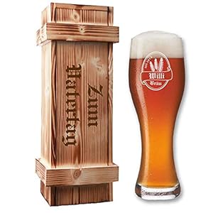Weizenbierglas in Holzkiste – mit Gratis-Gravur von Bierlogo + Name + Jahr | Leonardo Weizenglas (500 ml…