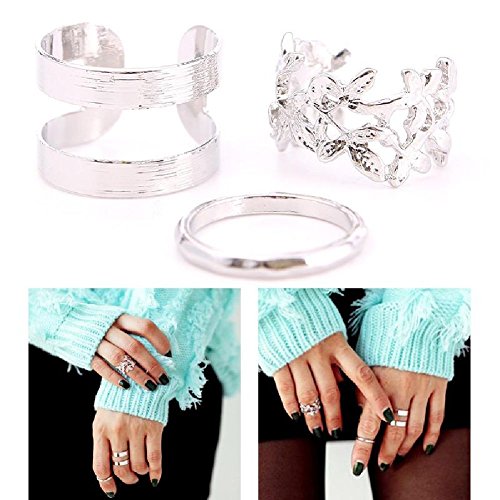 3pcs Fashion Leaves Gold Silver Metal Women Lady Knuckle Rings Set Kit Silver