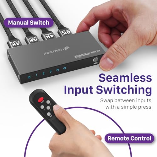 Image of Fosmon 3 in 1 Out 4K HDMI 2.0 Switch (4K@60Hz) with Remote 18Gbps Splitter | 3-Port 4K HDMI Switcher with remote supports High Speed 18Gbps HDR HDCP 2.2 auto-switching Splitter Hub for PS5 Xbox TV PC.