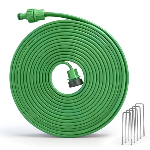 Weciau Tuyau Microporeux, 7.5m Tuyau Arrosage Extensible avec Trous et 5 Piquets de Fixation, Tuyau Poreux Arrosage, Prêt à Être Raccordé, Arroseur à...
