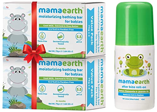 Image of Mamaearth Moisturizing Bathing Soap Bar for Babies - Pack of 4 & Mamaearth After Bite Roll On for rashes & Mosquito Bites with Lavander & Witchhazel 40 ml