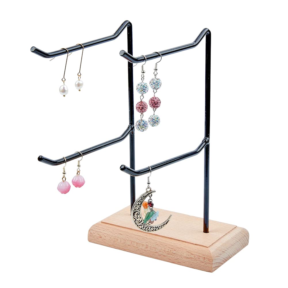 HOBBIESAY 1Set 3Pcs 2-Tier 2-Row Wood Jewelry Display Stands 21cm Metal Tabletop Jewelry Organizer Black Metal Earing Tower Stand for Earring Bracelet Watch Chain Keychain for Ring Storage