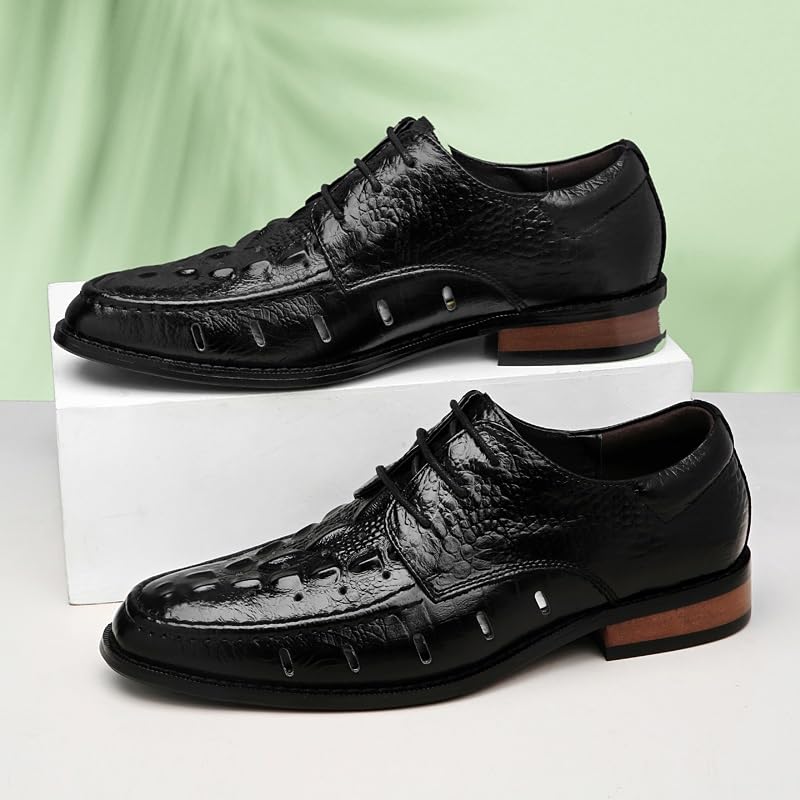 HOOENG Dress Shoes for Men Lace Up Round Burnished Toe Genuine Leather Crocodile Print Derby Shoes Anti-Slip Slip Resistant Block Heel Classic(Color:Black Hollow Out,Size:7)4