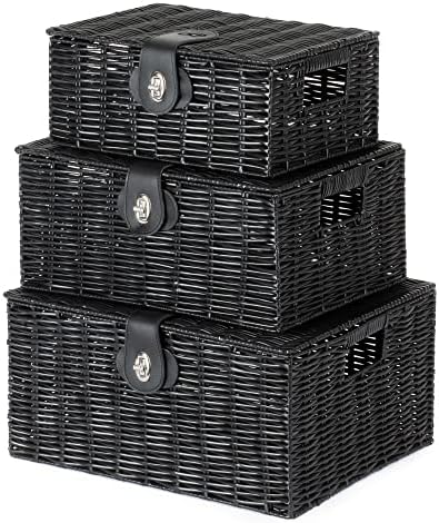 LIVIVO Set of 3 Resin Woven Wicker Hamper Basket Storage Box with Lid and Lock (Set of 3 Black)
