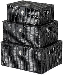 LIVIVO Set of 3 Resin Woven Wicker Hamper Basket Storage Box with Lid and Lock (Set of 3 Black)