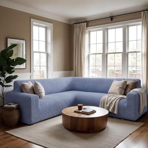 Image of Bellissima Sofa Covers - Premium Luxury Microfibra Plain Stretchable Sofa Cover Fully Covered Slipcover, Imported from Italy (ASH Blue, Corner-UN)