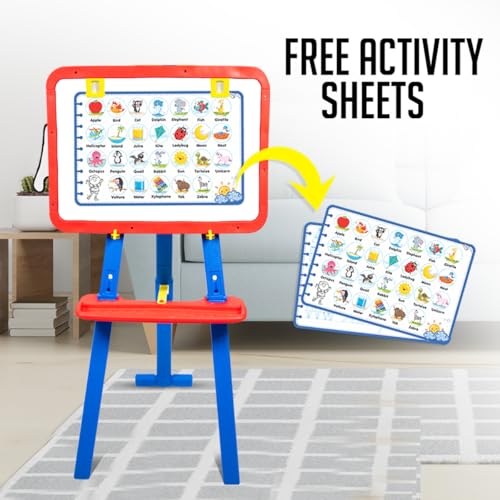 Image of Amazon Brand - Jam & Honey Easel Board I 5 in 1 Easel I Black and White Board with Chalk, Marker and Duster I with Stand|Education Toy for 3+ Year Kids (Blue & Red)