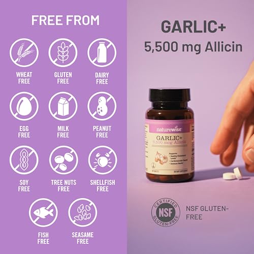 NatureWise Garlic Extract 5,500 mcg Allicin Supplement - Healthy Cholesterol & Blood Pressure Formula + Vitamins B & C - Vegan Tablets w/Enteric Coating, Non-GMO, Gluten-Free, 60 Count [30-Day Supply] - image 5