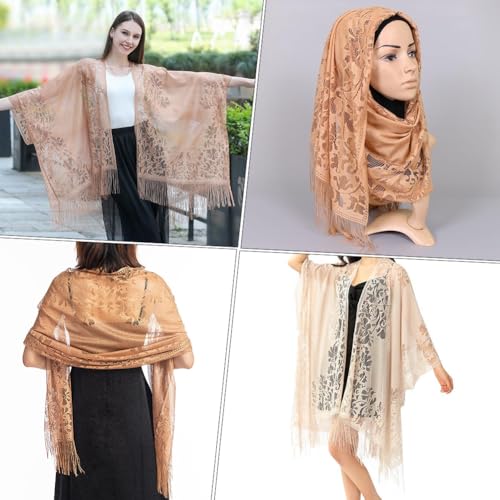 Pink Floral Lace Shawl Wrap Tassel Fringe Gauze Lace Shawls and Wraps Flower Pattern Hollow Solid Mesh Soft Summer Scarf for Women Formal Wedding Party Bridal Evening Dresses Accessories4