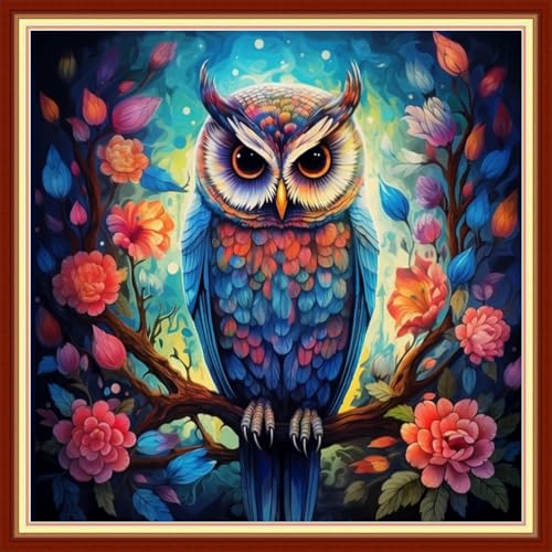Image of Joyhoor Stamped Cross Stitch Kits for Beginners Needlepoint Kits for Adults Embroidery Kits 11CT Counted Cross Stitch Kits Printed Embroidery Pattern-Flower owl 18x18 inchs