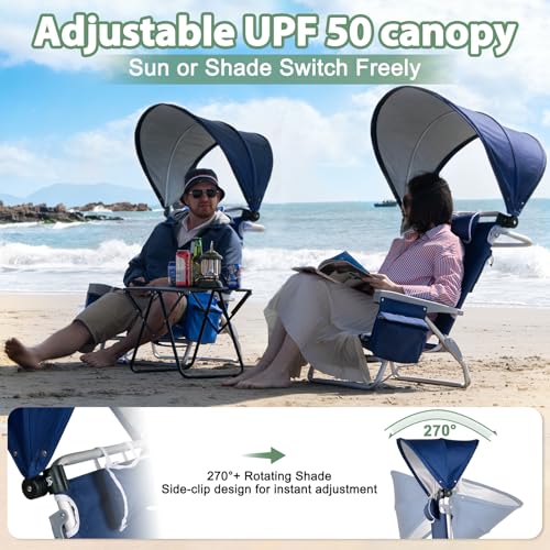 Image of Romswi Extra Wide Beach Chair with Canopy Shade, 2 Pack Aluminum Folding Chairs with Detachable & Adjustable Umbrella, 5-Position Lay Flat, Cooler Bag, Cup & Phone Holder, Towel Bar, Navy Blue