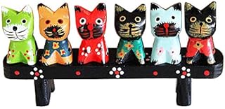 KiaoTime Set of 6 Cat Figurine Decorative Multi-Colored Carved Wooden Cat Figures Statue Sculpture for Cat Lovers Girls, Collectible Animal Cat Kitty Figurine
