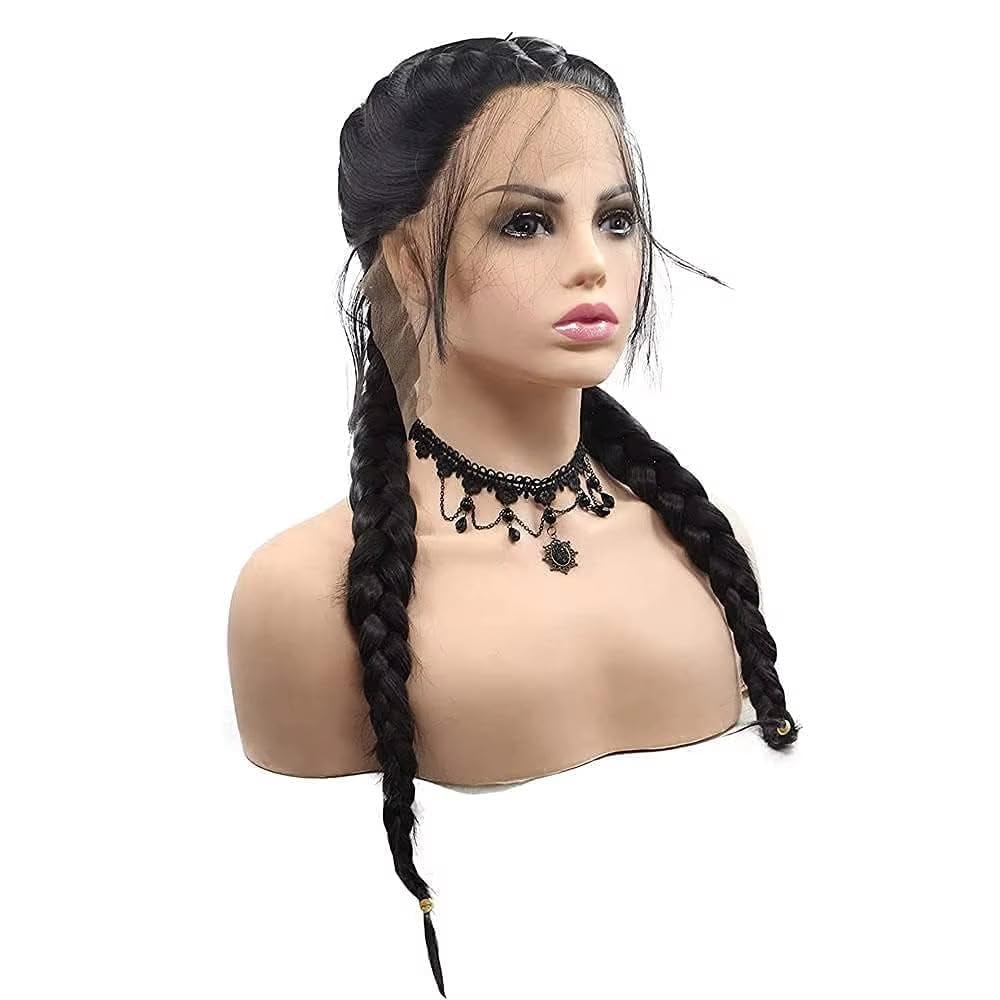 Haarpflege 24 Zoll Schwarze Doppelgeflecht-Mittelteil-Lace-Front-Perücke Für Frauen Hitzebeständige Faser