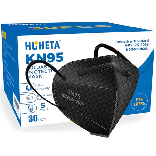 Image of HUHETA KN95 Face Masks, Packs of 30 Black Mask, 5-Layers Mask Protection, Protective Cup Dust Masks for Outdoor Indoor Use