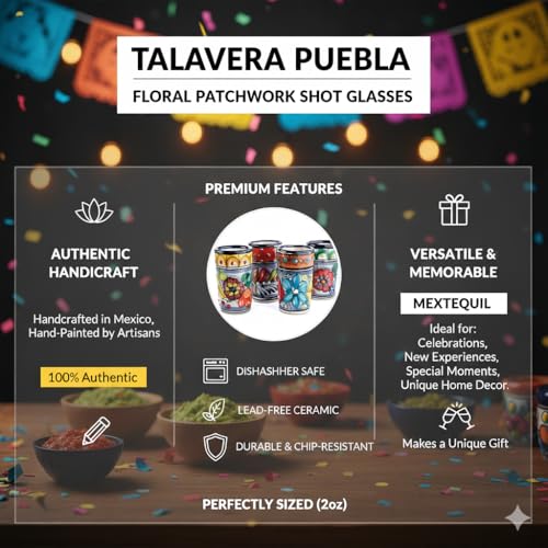 Image of Talavera Shot Glasses Set of 4 Authentic Mexican Tequila Shot Glasses - Hand-painted - 2 Oz (Colorful Talavera)