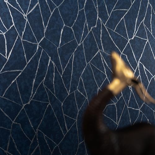 Image of wolpin Non-Woven Wallpaper Non-Adhesive (53 x 950 CM) (Navy Blue) | Textured Geometric Abstract Wallpaper with Subtle Shine | Decorative Wall Covering for Home Interior (54.18 Sq Ft)