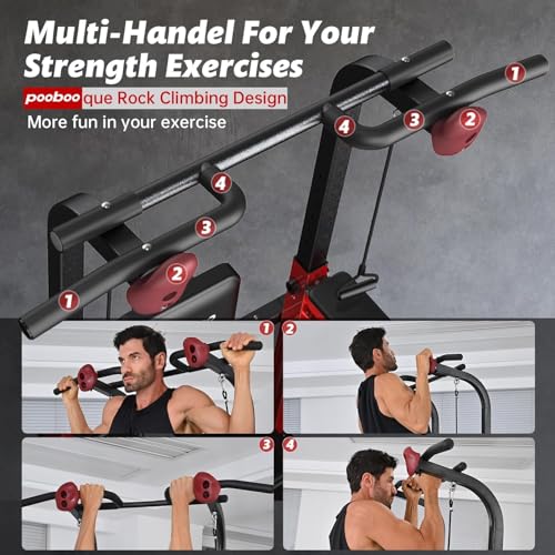 Image of Pooboo Power Tower Dip Station Pull Up Bar for Fitness Home Gym Workout,450 Pounds Multi-Function Adjustable Height Fitness Strength Training Exercise Equipment,with Power Elastic Ropes