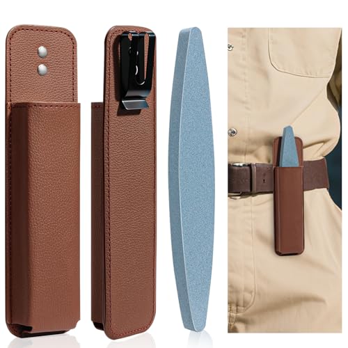 Schleifstein Set 230x35x15 mm Schärfwerkzeug Grau Oval Kunstleder Braun Gürteltasche mit Rückenclip Sensenwetzstein für Sense Gartenschere Schere Axt (Schleifstein Set)
