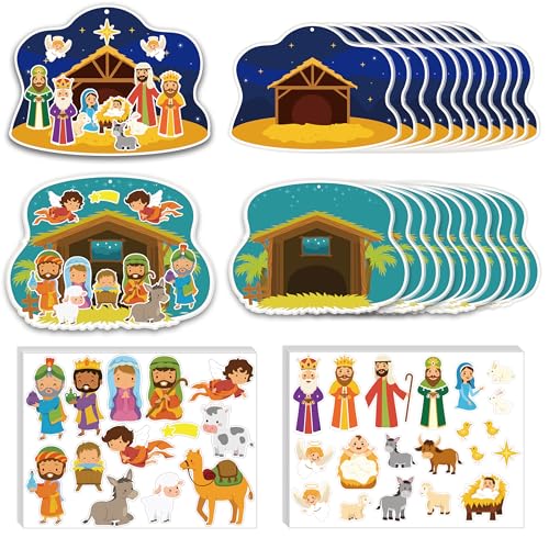 YHNTGB 24 Sets Nativity Craft Sticker for Kids Make a Nativity Scene Stickers Christmas Stickers for Crafts DIY Kits for Religious Xmas Party Favors Sunday School Games Activities Decoration Supplies