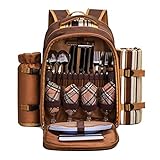 HOMELECT Picknick-Rucksack-Set, Tragbare All-In-One-Picknicktasche Mit Vollem Besteckset, Oxford-Stoff-Camping-Taschen-Set Für 4 Personen, Geeignet Für Camping-Barbecue-Familien Im Freien,Braun