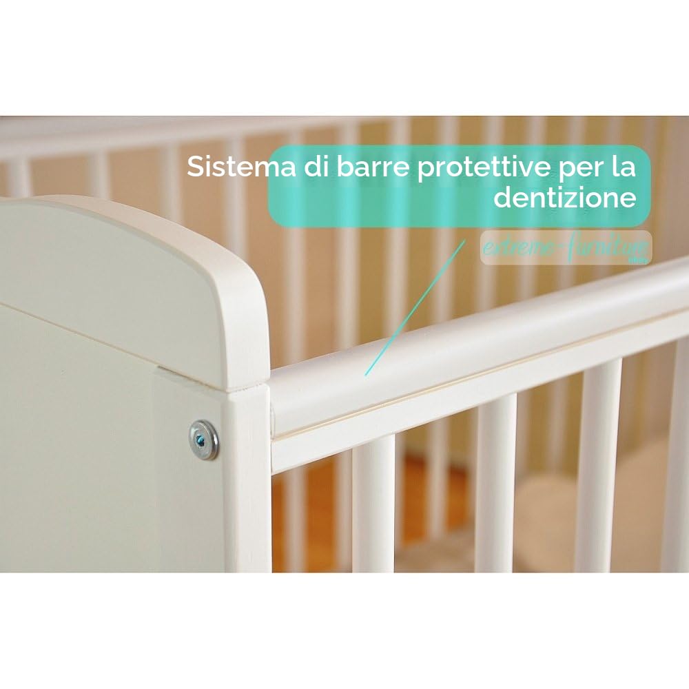 Marsell Bianco lettino di legno per bambini con il cassetto + Materasso di lusso Aloe Vera + Tre posizioni di altezza + Sponda con gengivale
