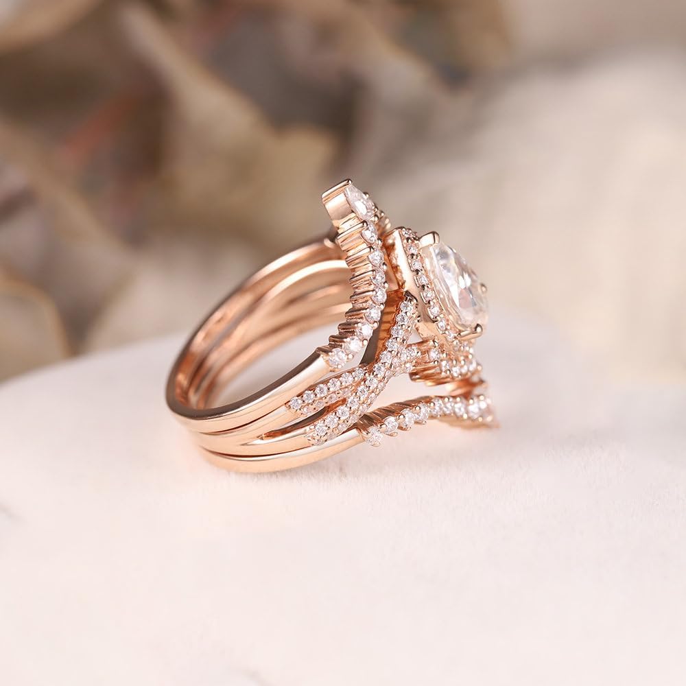 1.0 ct Moissanite Pear Shaped Halo Engagement Rings For Women Vintage 3 pcs Wedding Rings Set Unique Teardrop Twisted Bridal Set 925 Sterling Silver 10K 14K 18K Gold Promise Wedding Ring