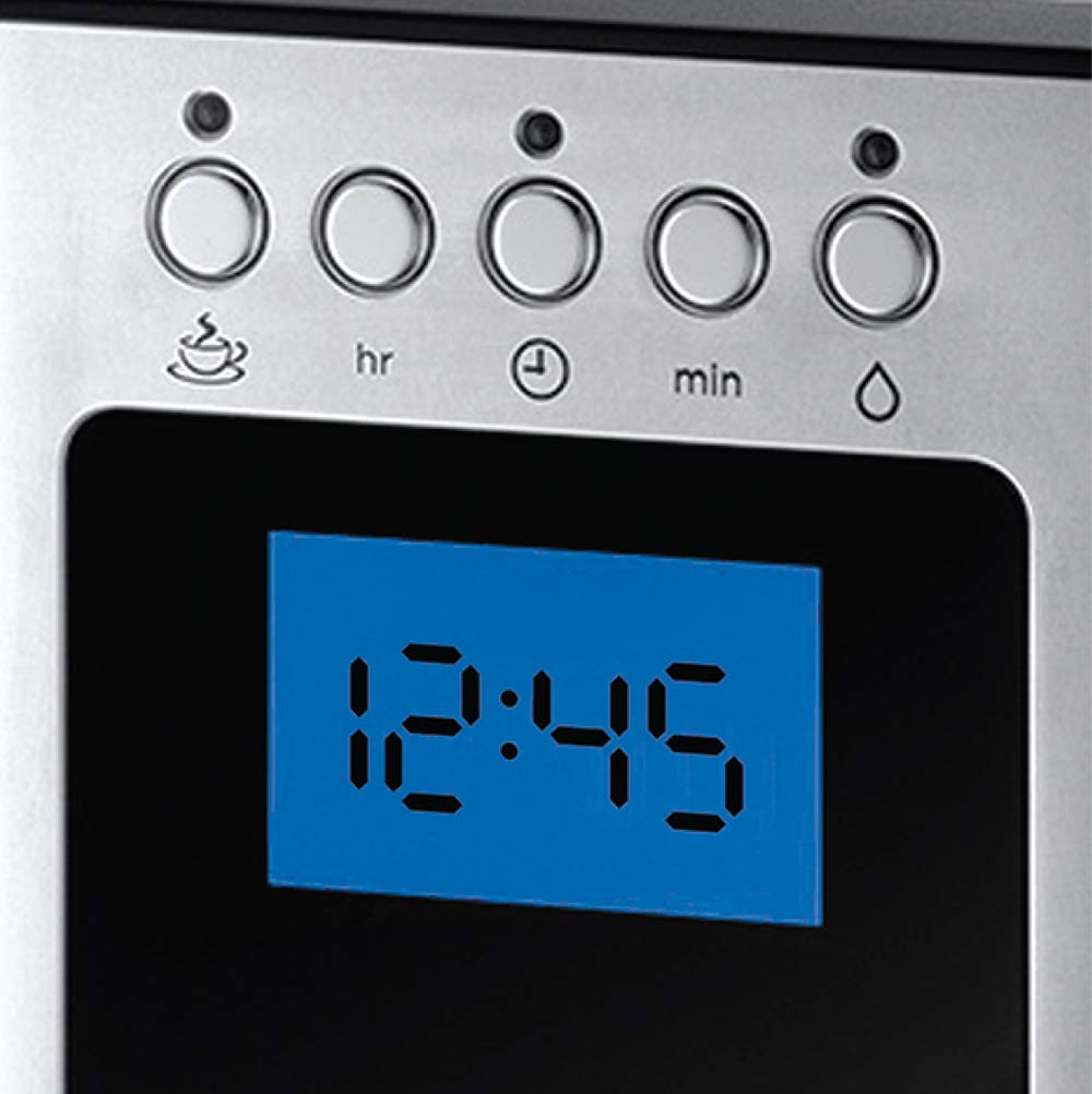 Russell Hobbs Cafetera de Goteo Elegance - Diseño de Cristal, Capacidad de 1,25L, Soporte de Filtro Extraíble, Tecnología Rociado Avanzada, Programable, Función Autolimpieza, Plata y Negro - 23370-56