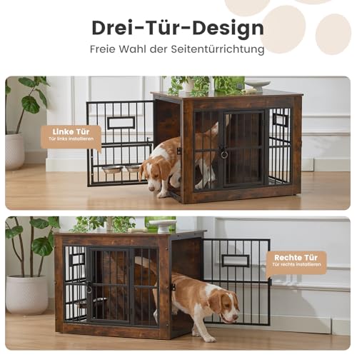 Gardner Pet Hundekäfig Möbel, 83cm Hundebox für Zuhause, Moderne Hundehütte Indoor mit 3 Türen und verstellbaren Näpfen, Hundehaus aus Metall und Holz für mittlere Hunde, 83x58x65 cm, Vintagebraun