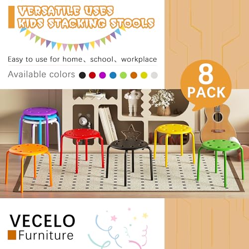 Image of VECELO 8-Piece Stacking Stools for Classroom, 12 Inch Height, Decoration Flexible Seating for Schools, Rainbow-Colored