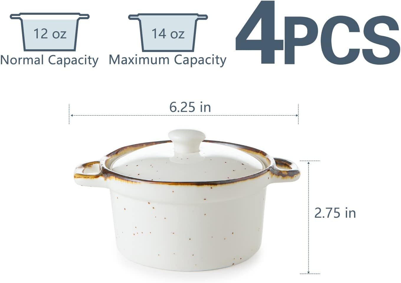ONEMORE Mini Cocotte Set of 4, 12 oz Ceramic Ramekins with Lids and Handles, Small Casserole Dishes for Oven, Mini Dutch Oven for Soup, Souffle, Pot Pie and Baking, Microwave & Dishwasher Safe, Creamy White