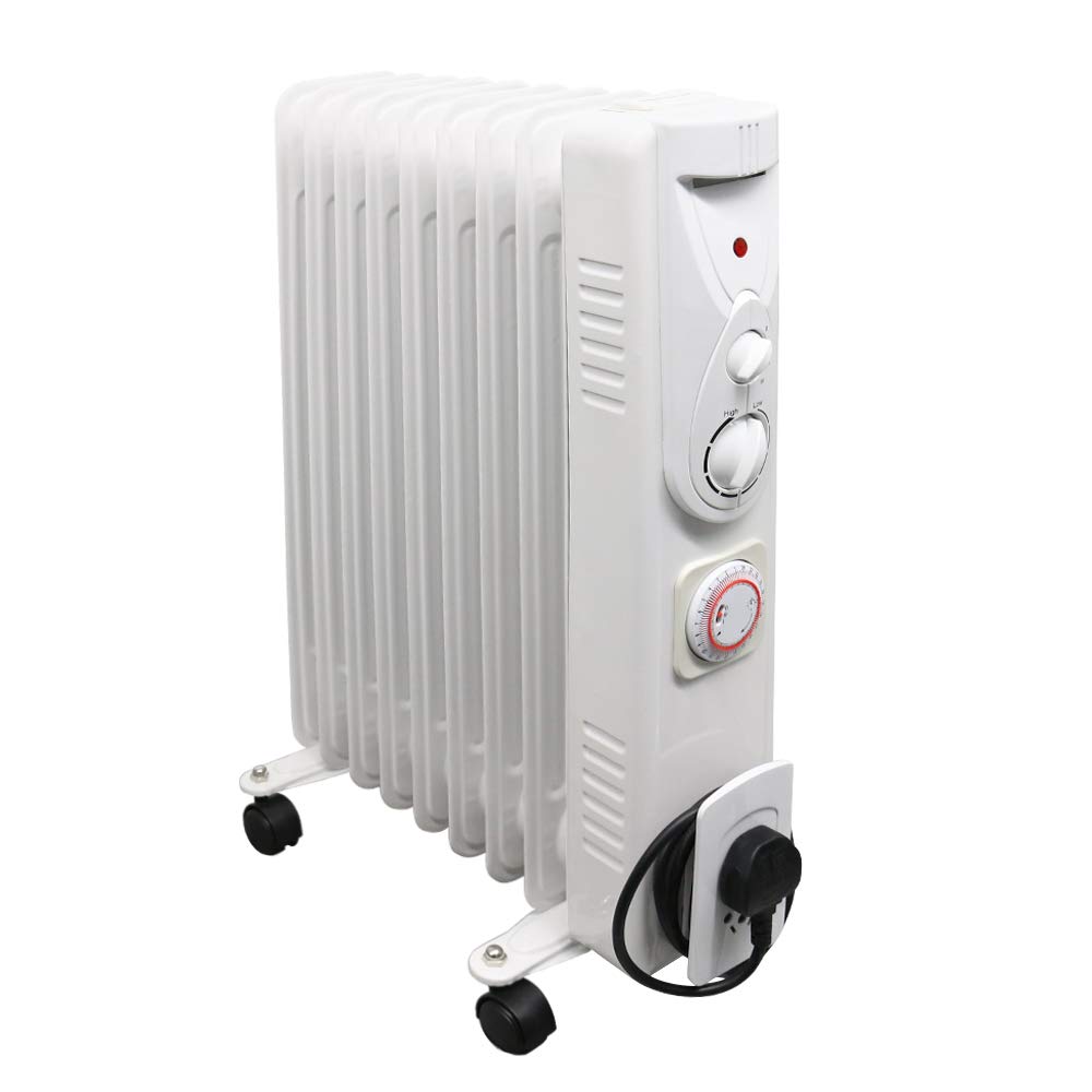 NRG White 9-Fin Oil-Filled Radiator, 2KW with Timer, Thermostat & Safety Cut-Off