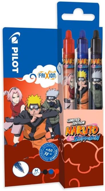 PILOT FriXion Clicker 0.7 Naruto Shippuden Limited Edition - Erasable Refillable Gel Rollerball Pen with Push Mechanism and Thermosensitive Ink, Medium Tip, 1 Piece (Pack of 3)