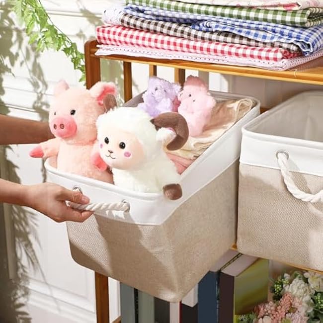 meekoo 8 Pack Collapsible Storage Bins Fabric Storage Bins Polyester Fabric Baskets with Handles Linen Closet Organizer for Shelf Home Closet Towels Toys(12 x 12 x 12 in,Beige)