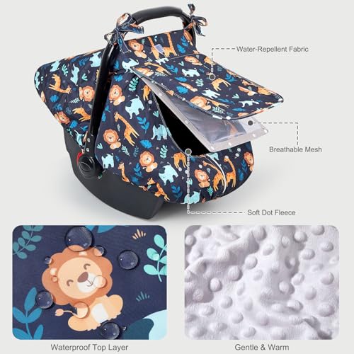 Image of FIOBEE Baby Car Seat Cover, Car Seat Covers for Babies Infant Car Seat Canopy with Breathable Mesh Window Waterproof Carseat Cover for Babies Boy Girl 4 Seasons, Dark Blue Giraffe