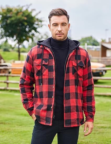 COOFANDY Herren Karierte Jacke Hemdjacke Holzfäller Jacke Gefüttert Hoodie Langarm Flanellhemd Winterjacke Baumwolle Arbeitsjacke Oberhemden mit Kapuze Hellrot S