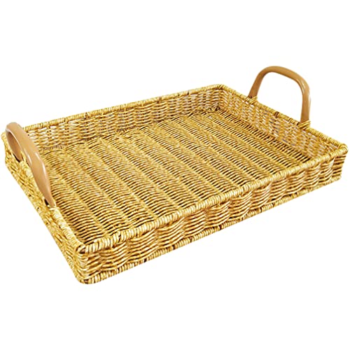 SHERCHPRY Rattan Storage Tray Woven Fruit Candy Display Basket with Handle Seagrass Snack Pastry Bread Chips Serving Plate Wicker Coffee Table Tea Decoration