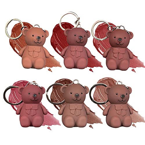 BOOMSHY 6Pcs/Set Long Lasting Velvet Moisturizing Lip Stain,2 in 1 Key Chain Bear Lipstick Lip Gloss Primers Non Stick Cup,Lip Make Up Gifts Kit For Girls