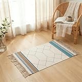 MORROWCAMP Boho Teppich klein 58 x 88 cm, Baumwolle Teppich Waschbar mit Quasten, Schmaler Kleiner Baumwollteppich für Wohnzimmer Schlafzimmer Flur, Handgewebter Boho Stil Teppich, Skandi Rauten