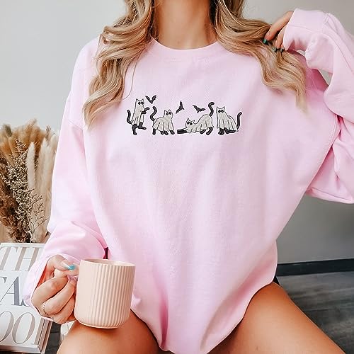 Embroidered Disguised Ghost Sweatshirt, Spooky Cat Tee Gift, Hoodie Embroidery, Halloween Vibe Gift, Present for Her, Cat Lover3