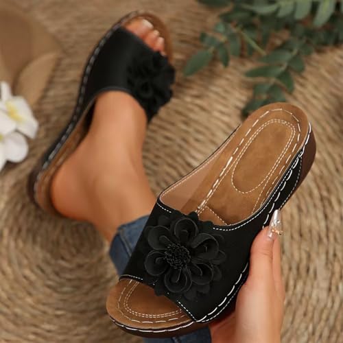 Summer Beach Sandals for Women Comfortable Wedge Sandals Leather Open Toe Slides with Arch Support Ladies Dressy Flower Flat Platform Sandals for Casual Walking Outdoor Wear4
